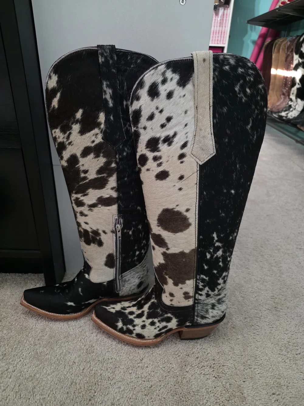 Rock'em Cowhide Tall Boots in Brown & White with Red Interior WIDE CALF